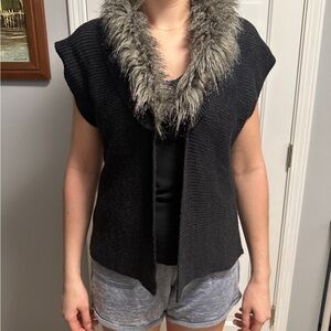 Women's Black Sweater with Faux Fur Collar